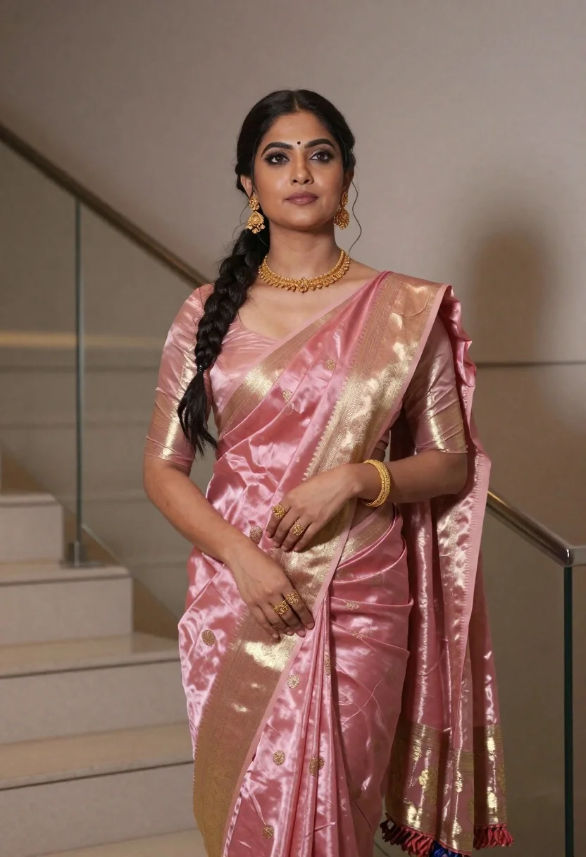 Woman Stands Modern Indoor Setting Wearing Shimmering Pink Silk Saree reference photo