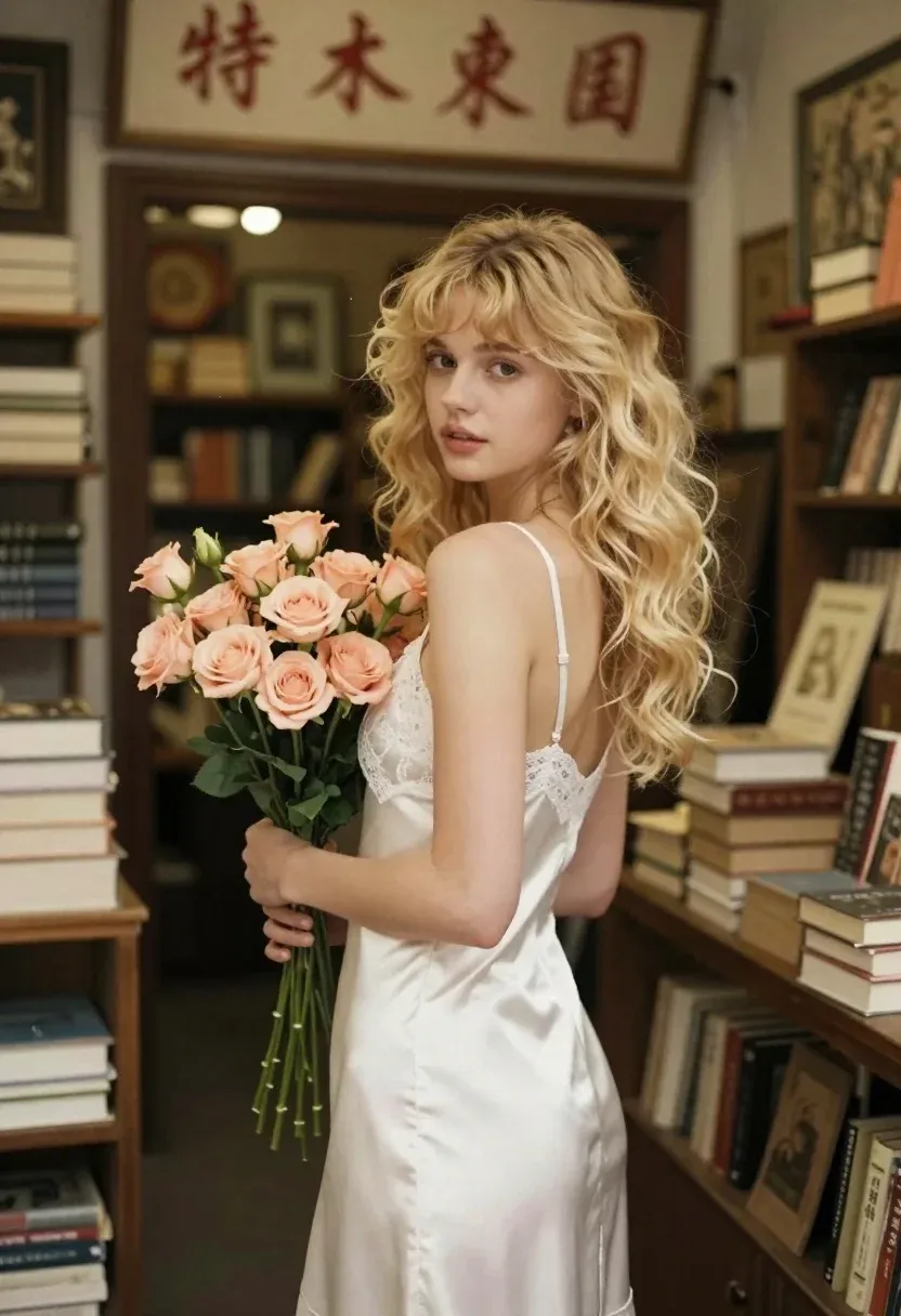 Young Woman With Wavy Blonde Hair Stands Vintage Shop Holding