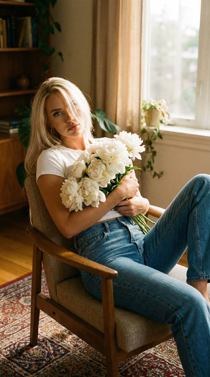 A girl sitting on a fabric chair, holding a large bouquet of peonies, illuminated by golden hour sunlight.