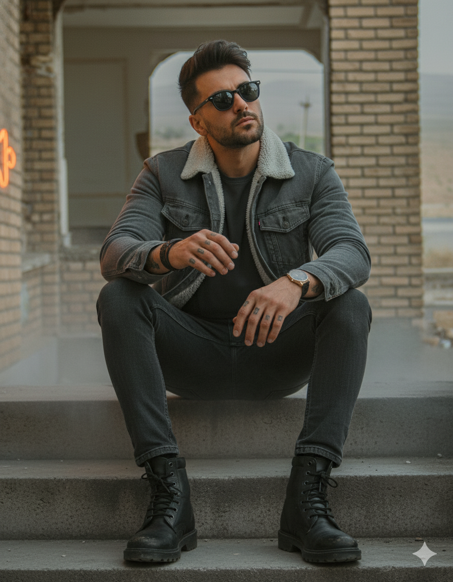A young urban rebel seated on concrete steps, dressed in a grey shearling denim jacket and charcoal tee, leaning forward with a confident pose.