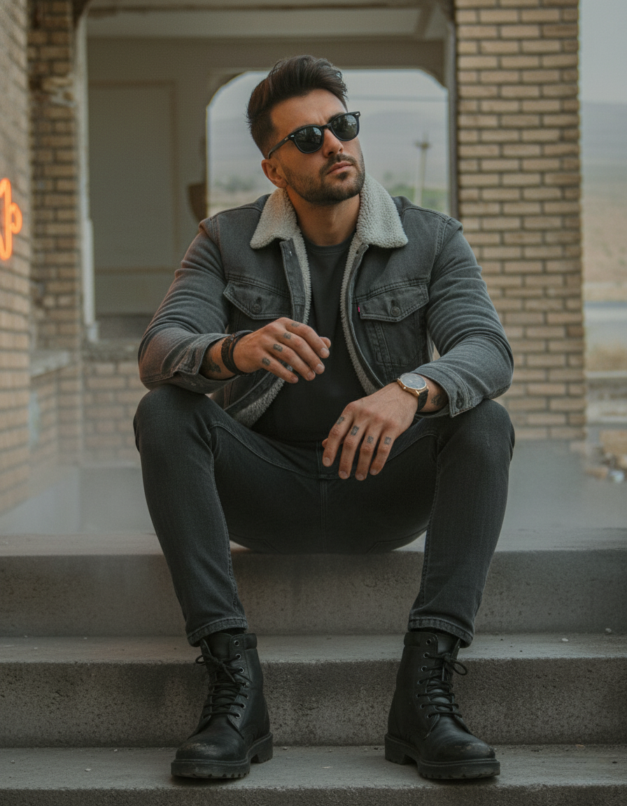 A young urban rebel seated on concrete steps, dressed in a grey shearling denim jacket and charcoal tee, leaning forward with a confident pose.