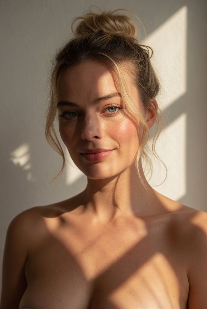 Close-up portrait with messy top knot hairstyle and warm peachy blush, natural light and geometric shadows enhancing facial contours.
