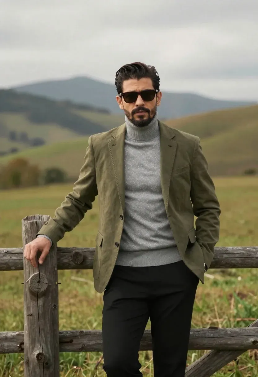 Stylish Man Stands Confidently Outdoors Rural Landscape Leaning Against Rustic