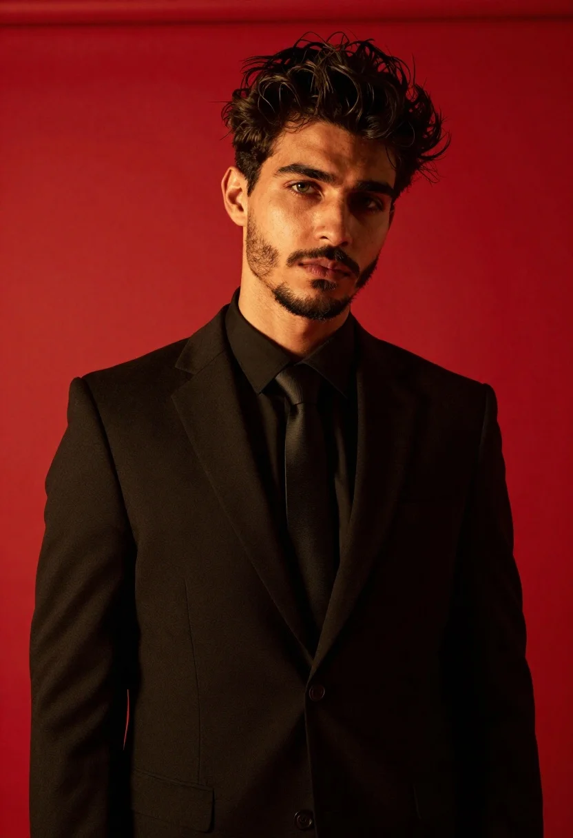 Confident Young Man With Dark Tousled Hair And Short Beard