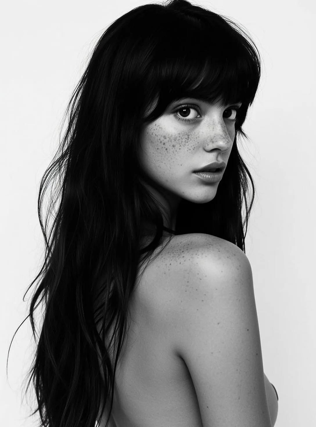 Photorealistic Medium Close-up Portrait Young Woman With Dark Long Wavy