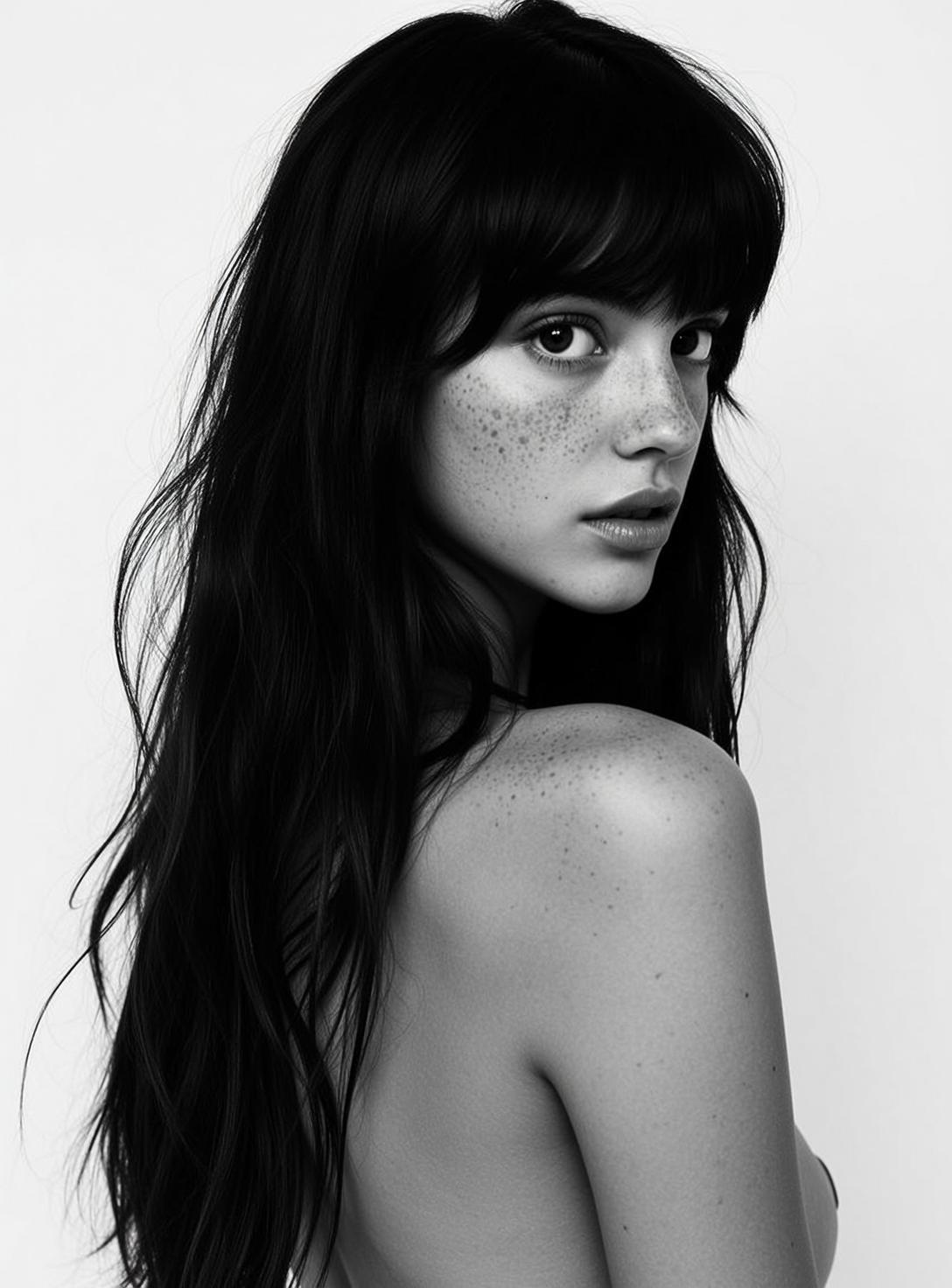 Photorealistic Medium Close-up Portrait Young Woman With Dark Long Wavy