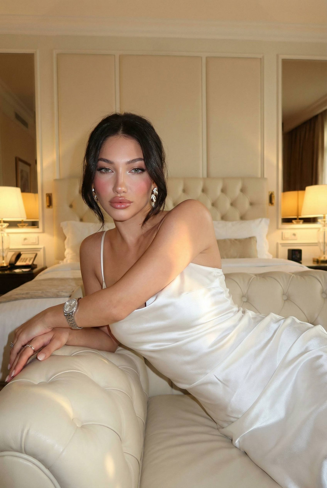 Candid portrait of a young woman in a white satin dress reclining on a hotel bed, soft lighting highlighting her features.