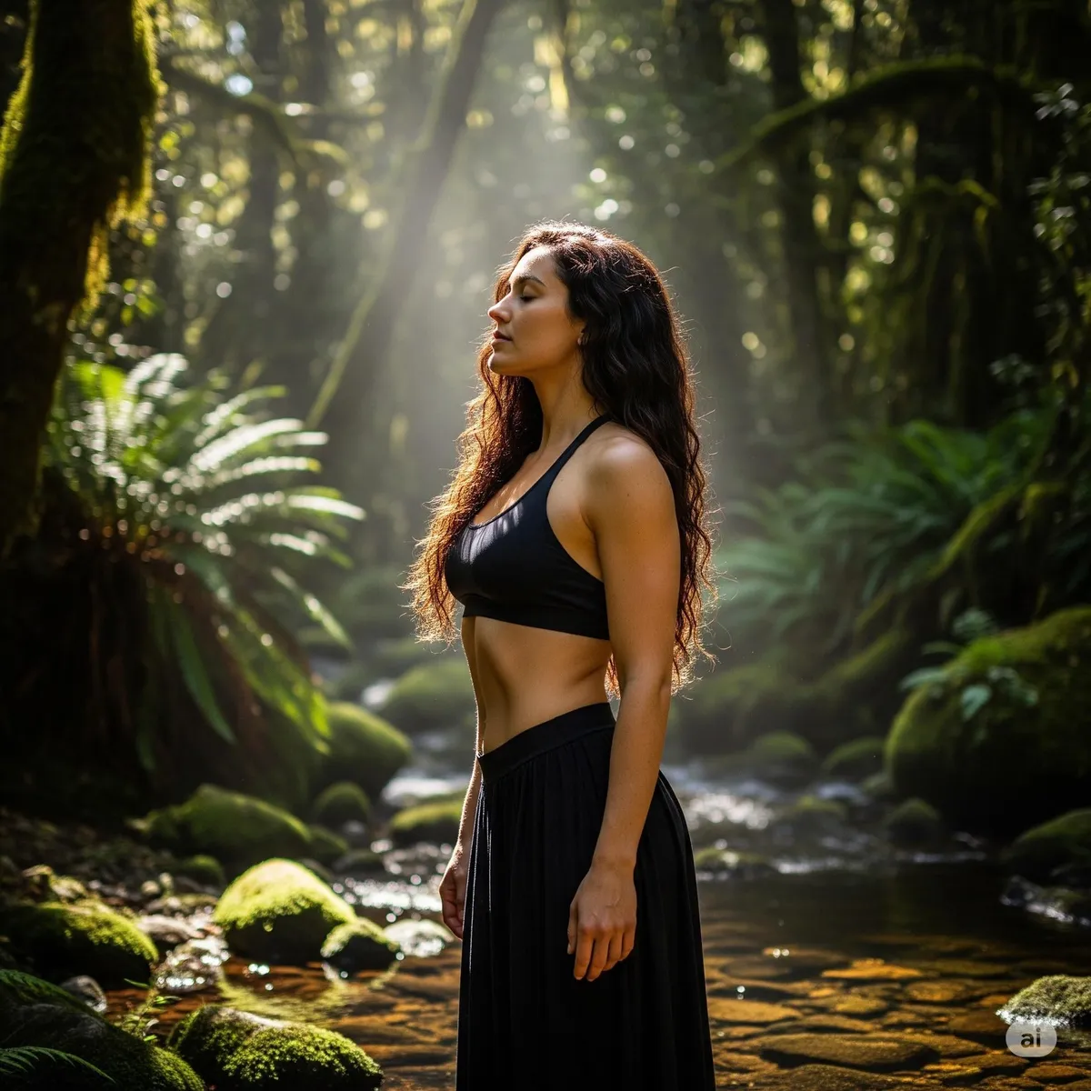 Meditative Pose In Misty Rainforest With God Rays