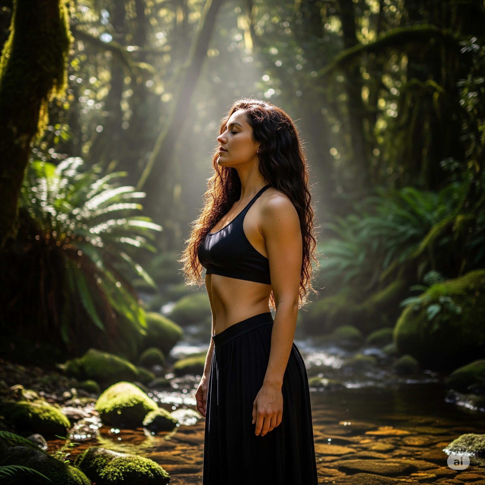 Meditative Pose In Misty Rainforest With God Rays