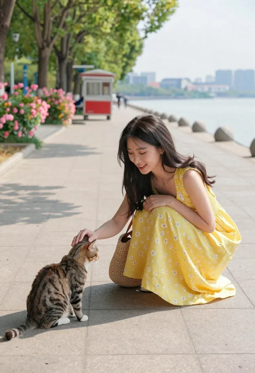 Woman Yellow Dress Crouches Paved Waterfront Promenade Gently Reach Out