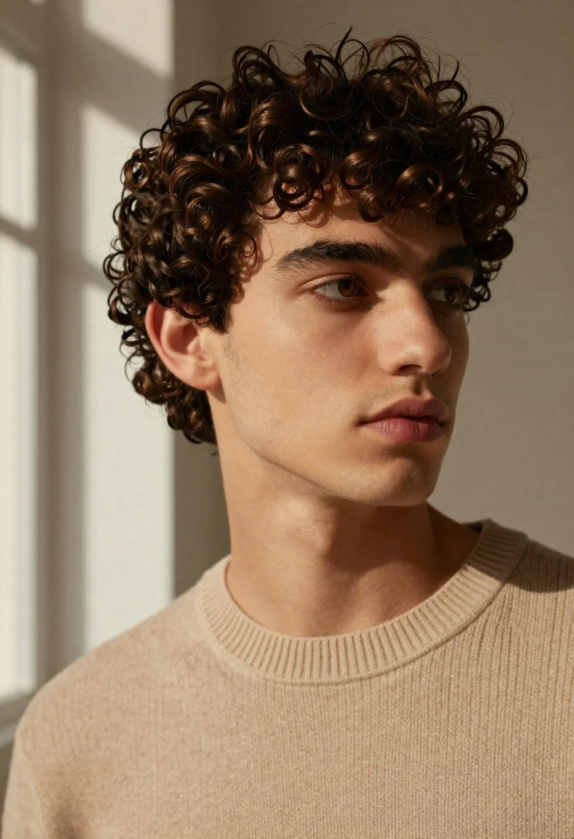 Close-up portrait of a young man with dark curly hair looking off to the side, illuminated by soft natural light.