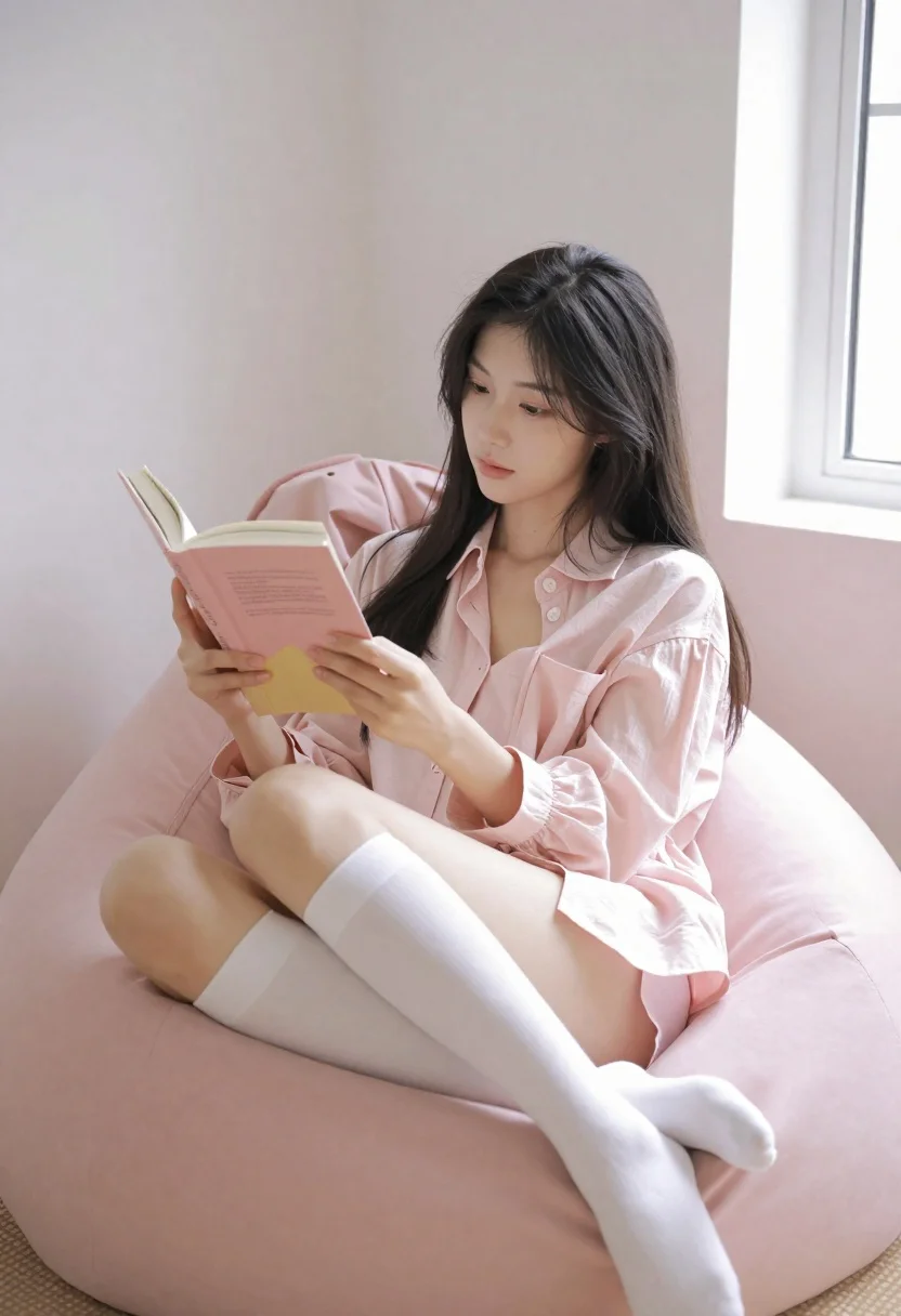 Young Woman With Long Dark Hair Sits Comfortably Large Pink reference photo