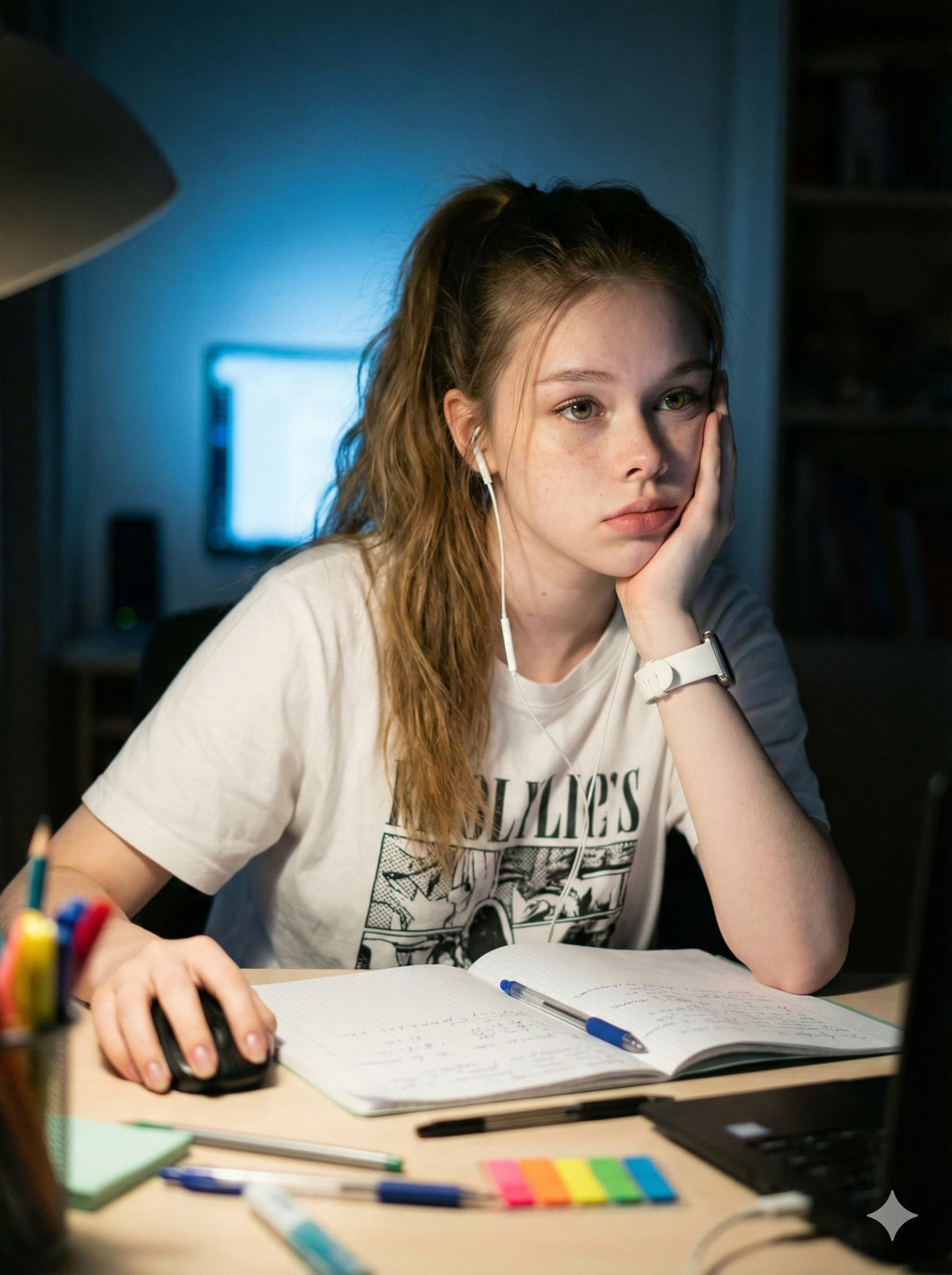 A woman at a cluttered desk wearing a graphic T-shirt, lost in thought under cool blue lighting.