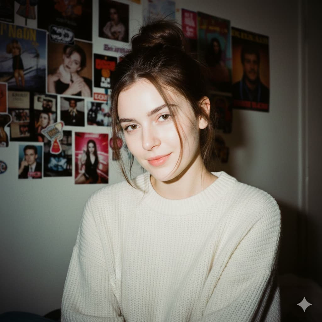 A nostalgic portrait of a woman with porcelain skin, messy brown hair in a cozy room with dim lighting.
