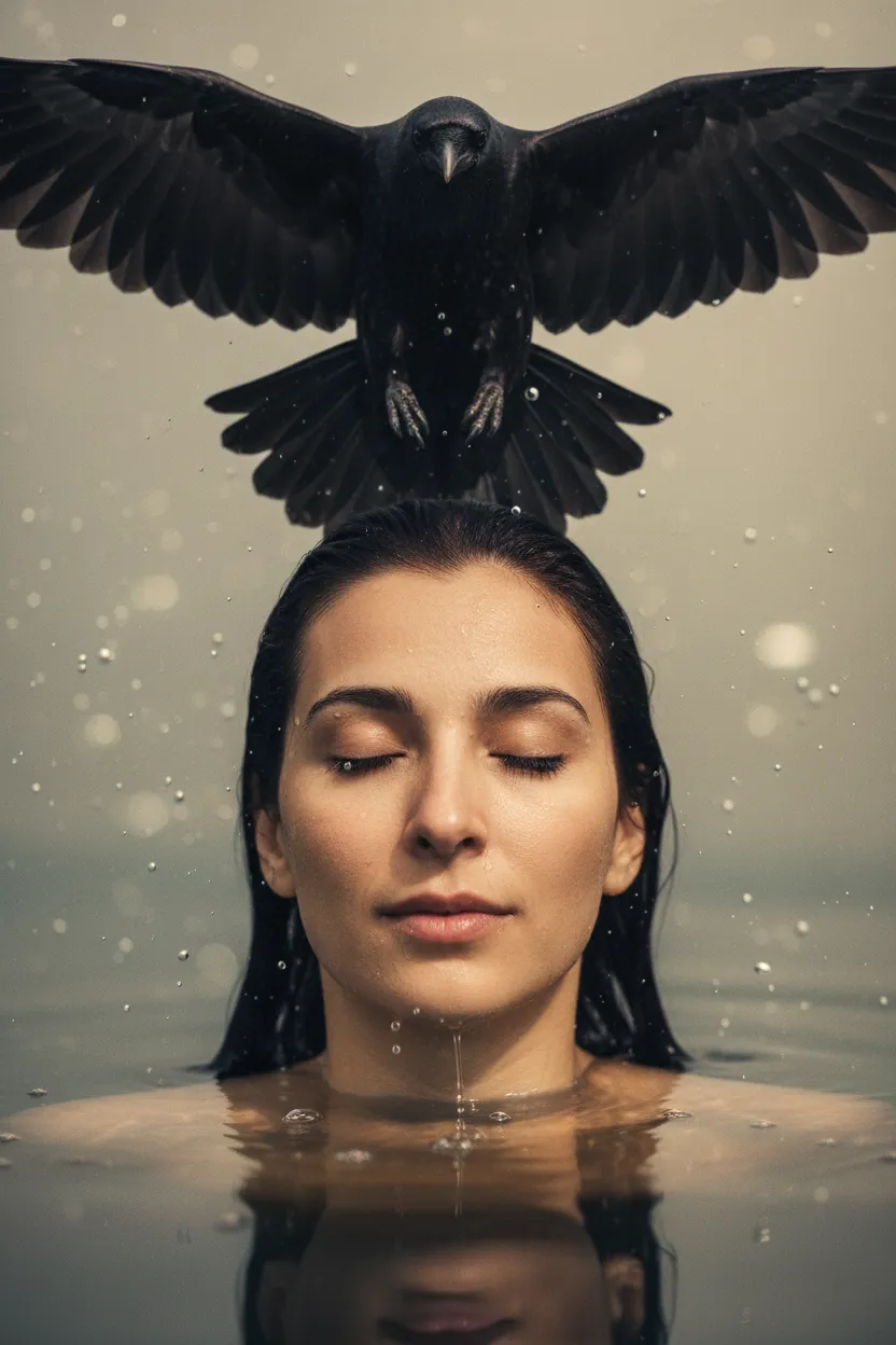 Woman Emerging With Crow Above Head