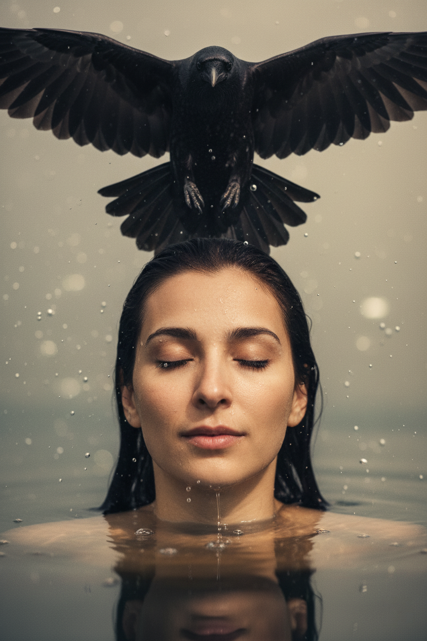 Hyperrealistic close-up of a serene face emerging from water, with a dark crow flying overhead, showcasing ethereal lighting and detailed textures.