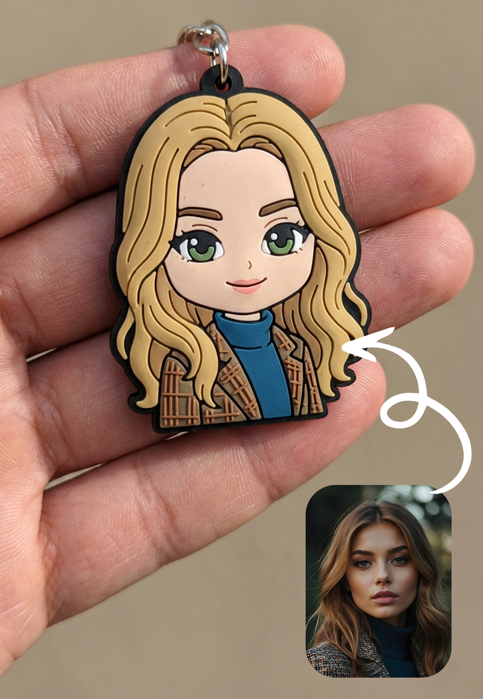 Close-up of a chibi keychain in a person's hand, with bold outlines against a neutral background.