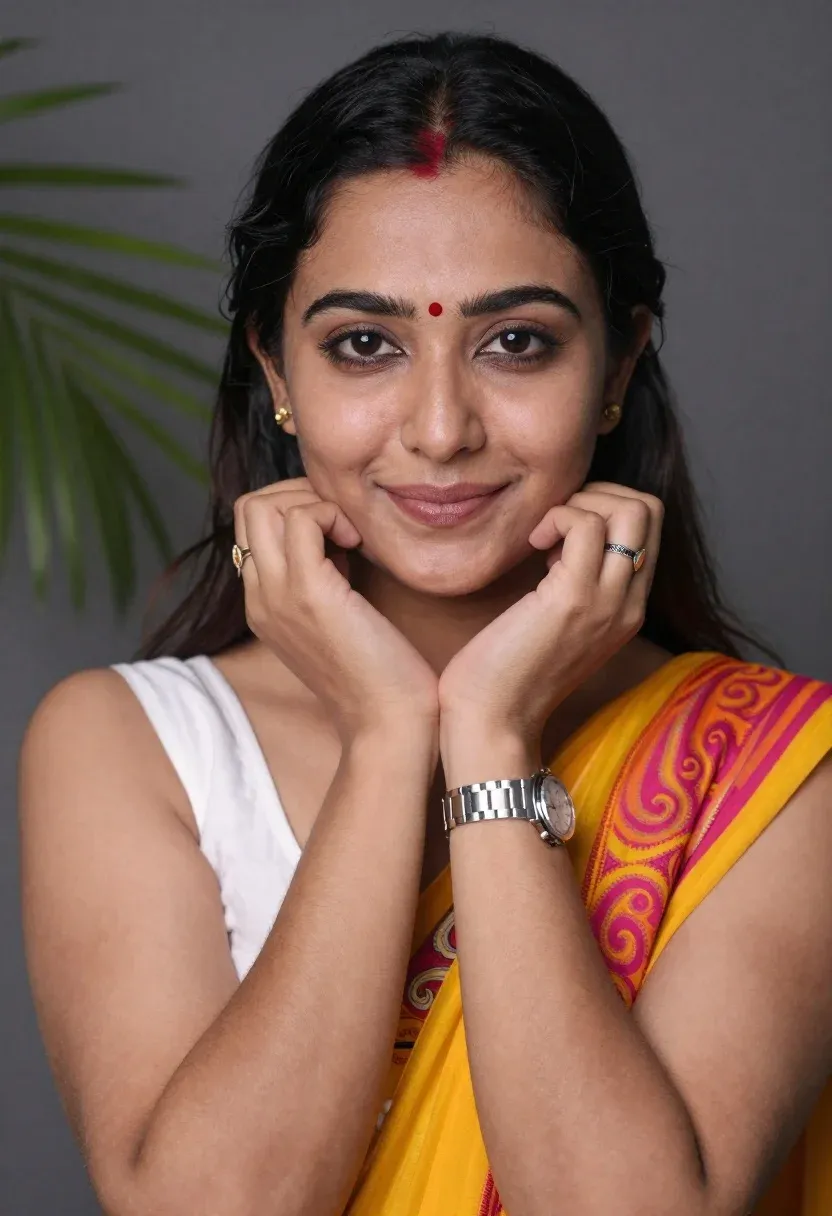 Close-up Portrait Woman With Dark Hair Pulled Back And Bindi