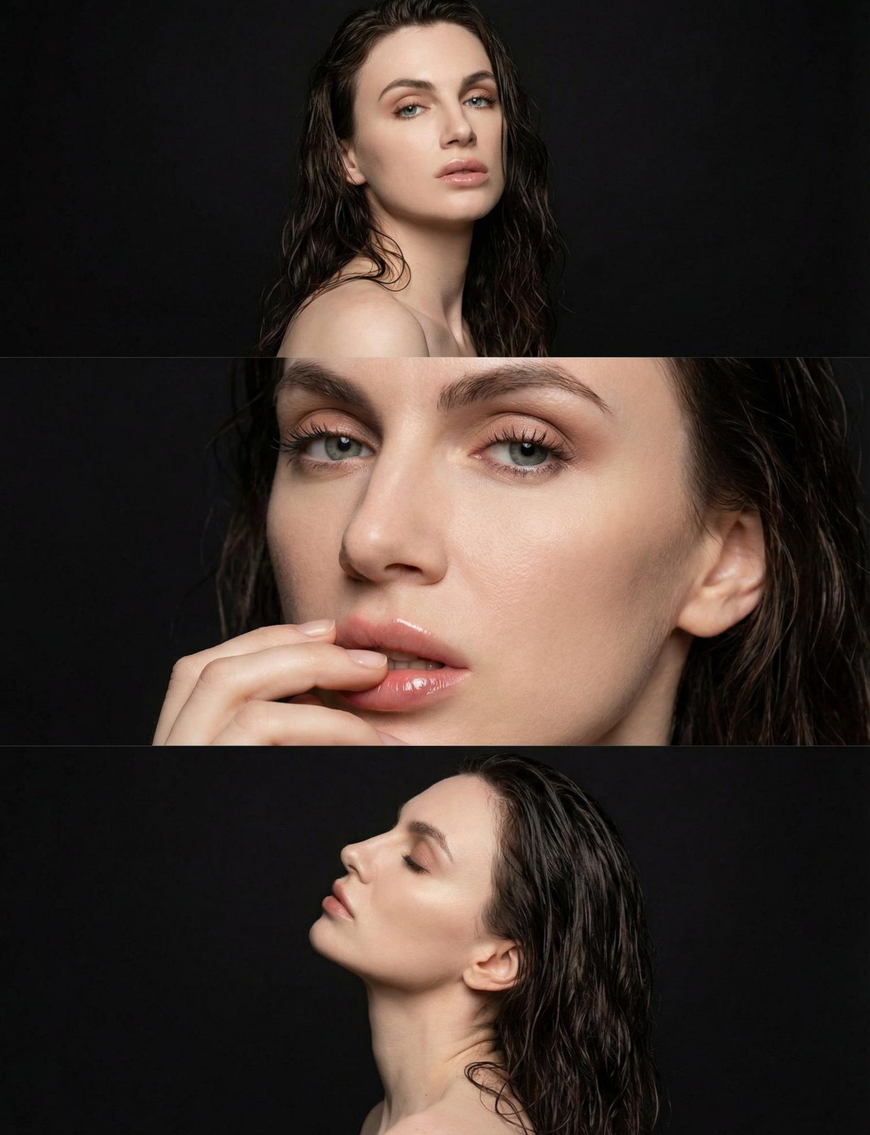 Triptych portrait showcasing three panels of a woman against a dark neutral background, exploring various angles with makeup and textures.