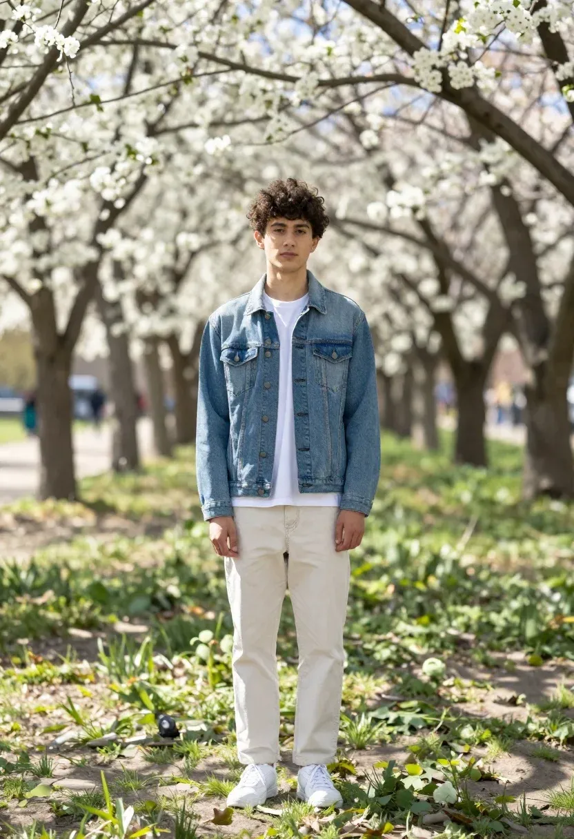 Young Man Stands Sunlit Park With Blooming Trees Behind Him