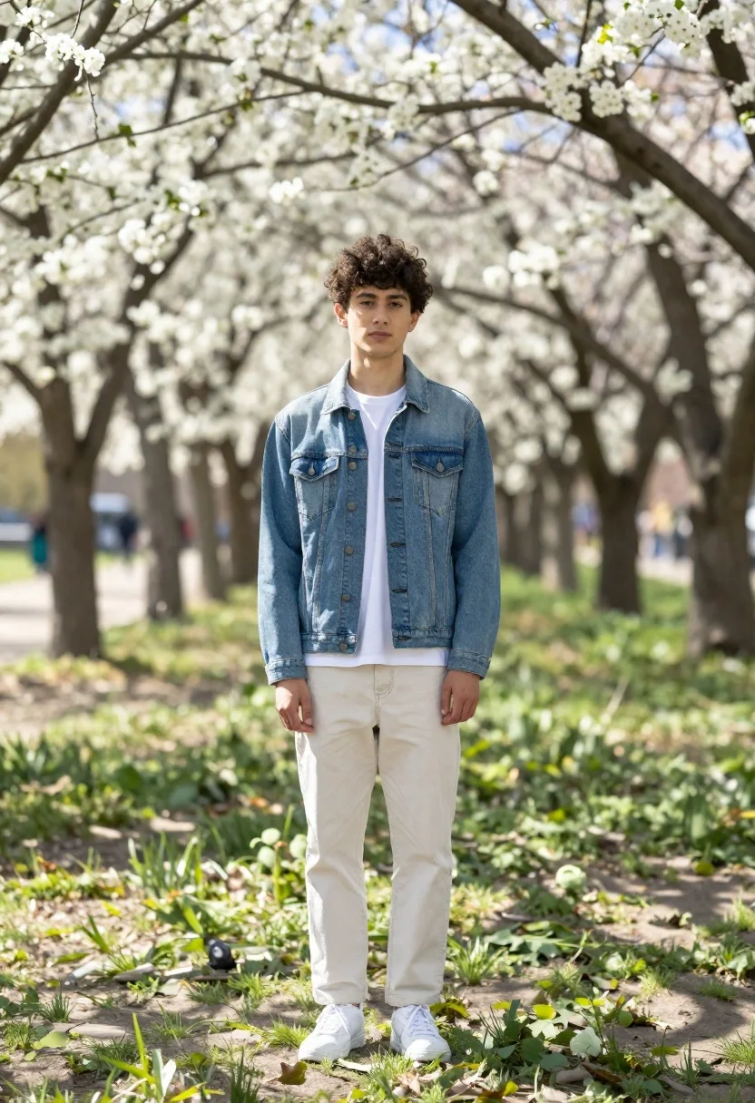 Young Man Stands Sunlit Park With Blooming Trees Behind Him