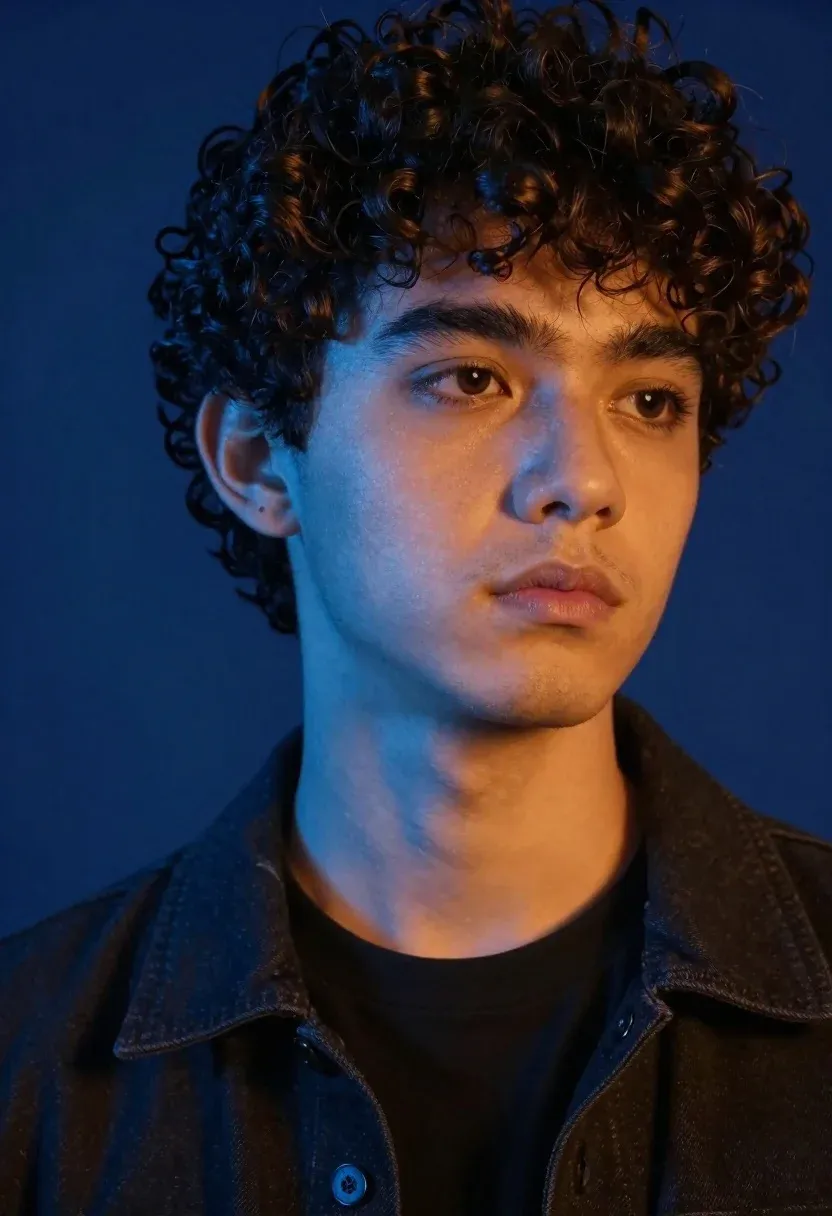 Close-up Portrait Young Man With Dark Curly Hair And Serious