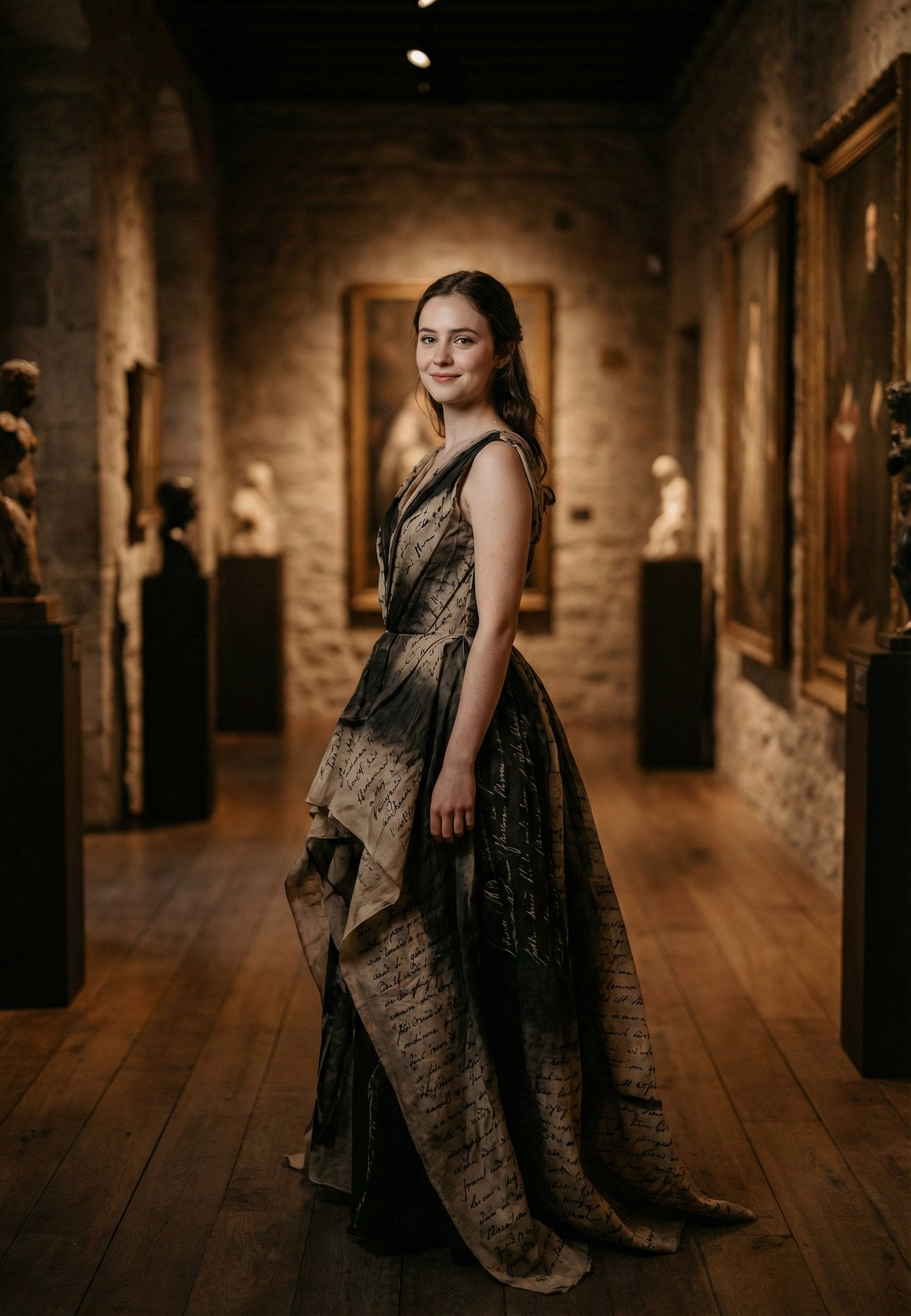 A poised woman wearing a flowing gown in a historic art gallery, standing gracefully with a soft smile.