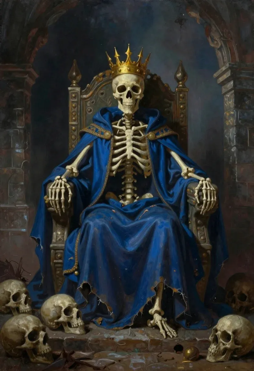 Oil Painting Skeletal Monarch Seated Ornate Throne Dark Cavernous Hall