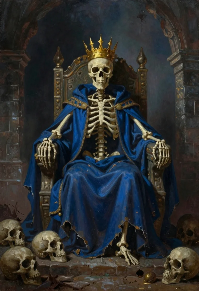 Oil Painting Skeletal Monarch Seated Ornate Throne Dark Cavernous Hall reference photo