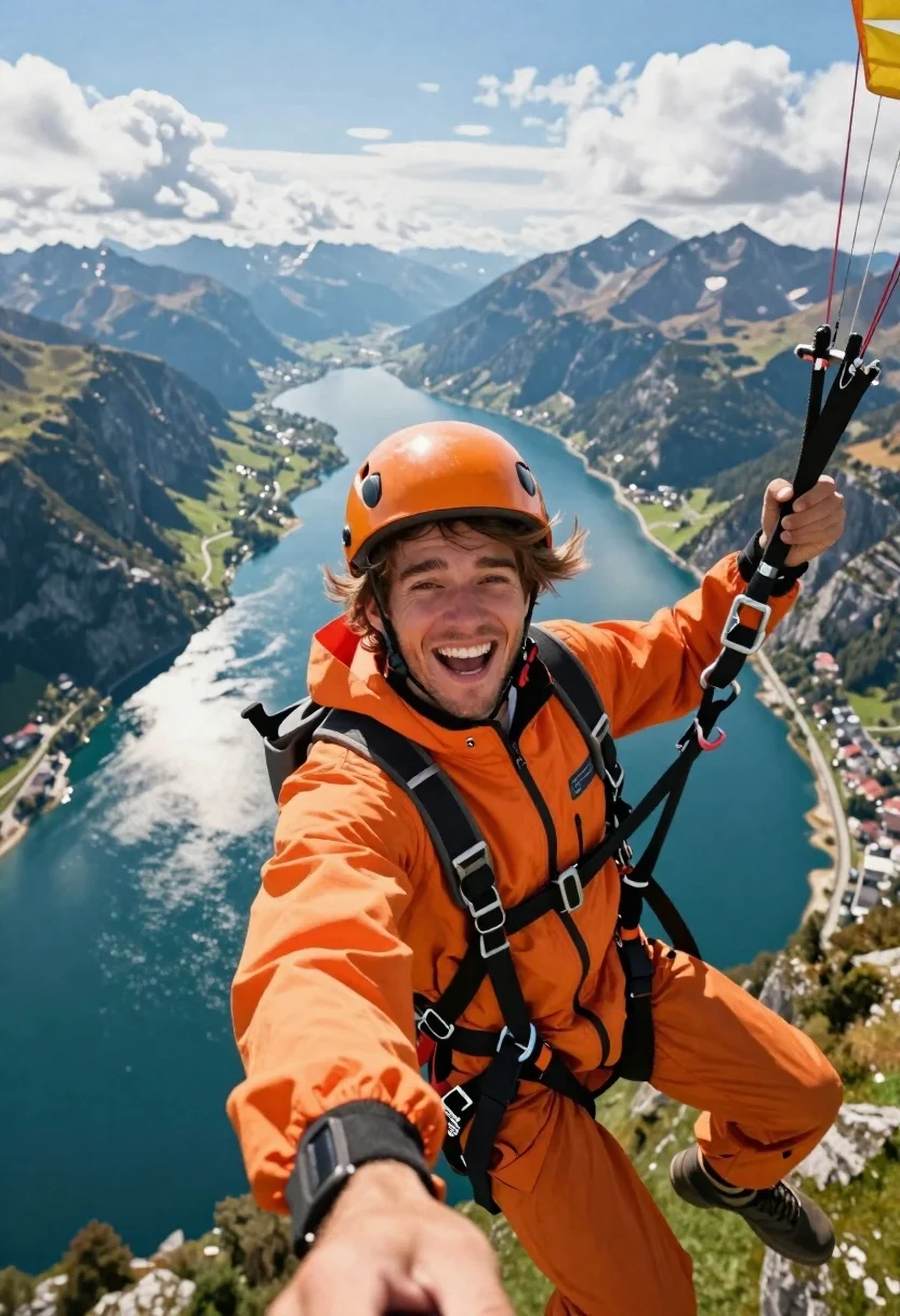 Joyful Man Takes Selfie While Paragliding High Above Stunning Alpine