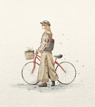 A woman in a trench coat standing next to a glossy red bicycle adorned with a basket of green leafy plants, soft shadows, and pink petals in the air.