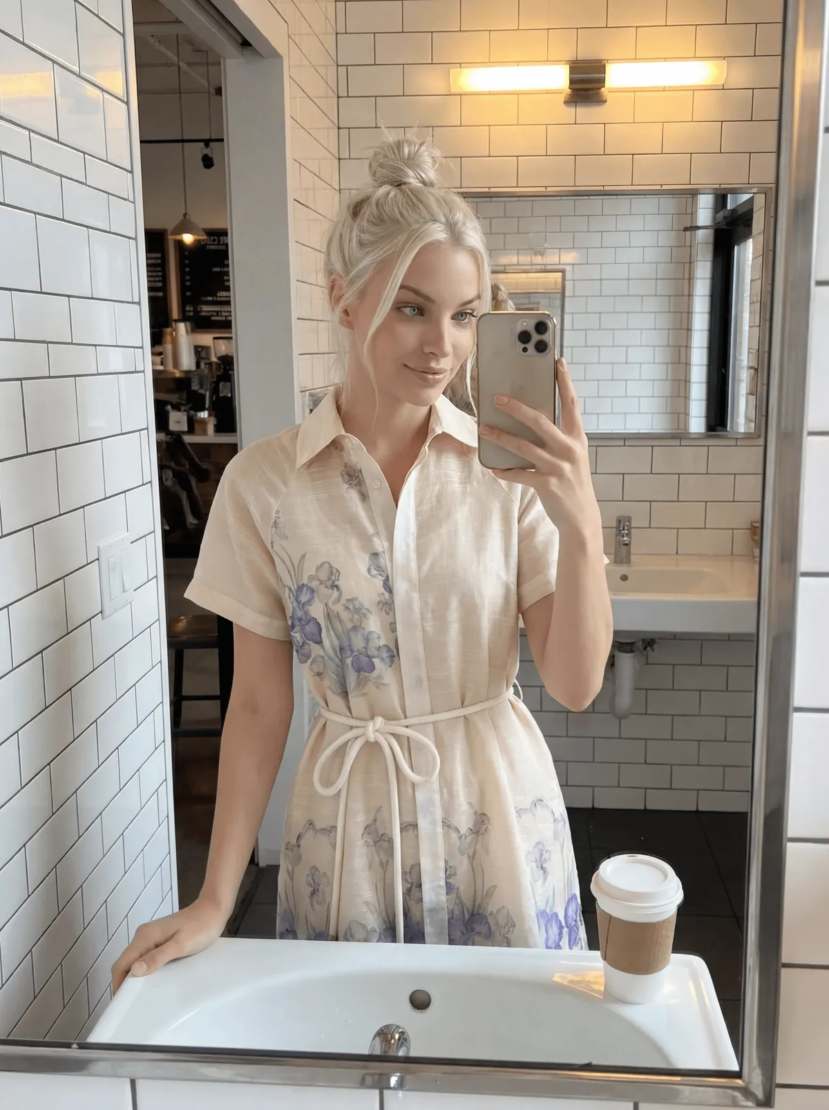 Bathroom Mirror Selfie Linen Dress Floral Print