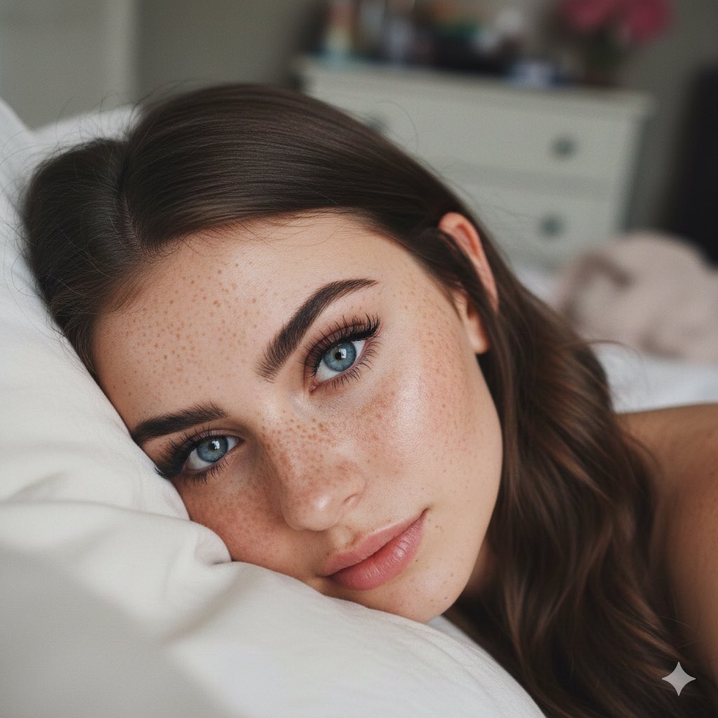 Close-up of a young woman with large striking blue eyes and soft waves of long brunette hair