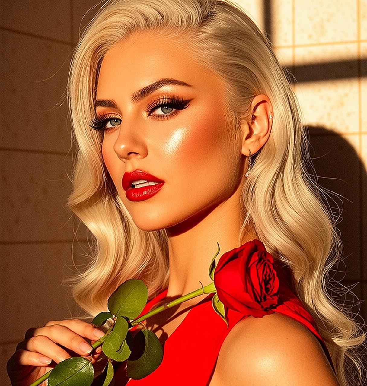 Photorealistic Portrait Beautiful Blonde Woman With Blue Eyes Holding Single