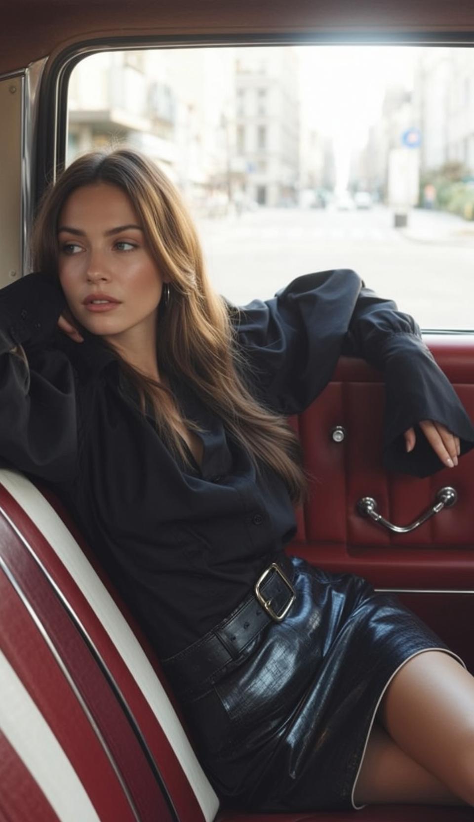 Black Silk Button-up Shirt with Voluminous Sleeves Soft Natural Light