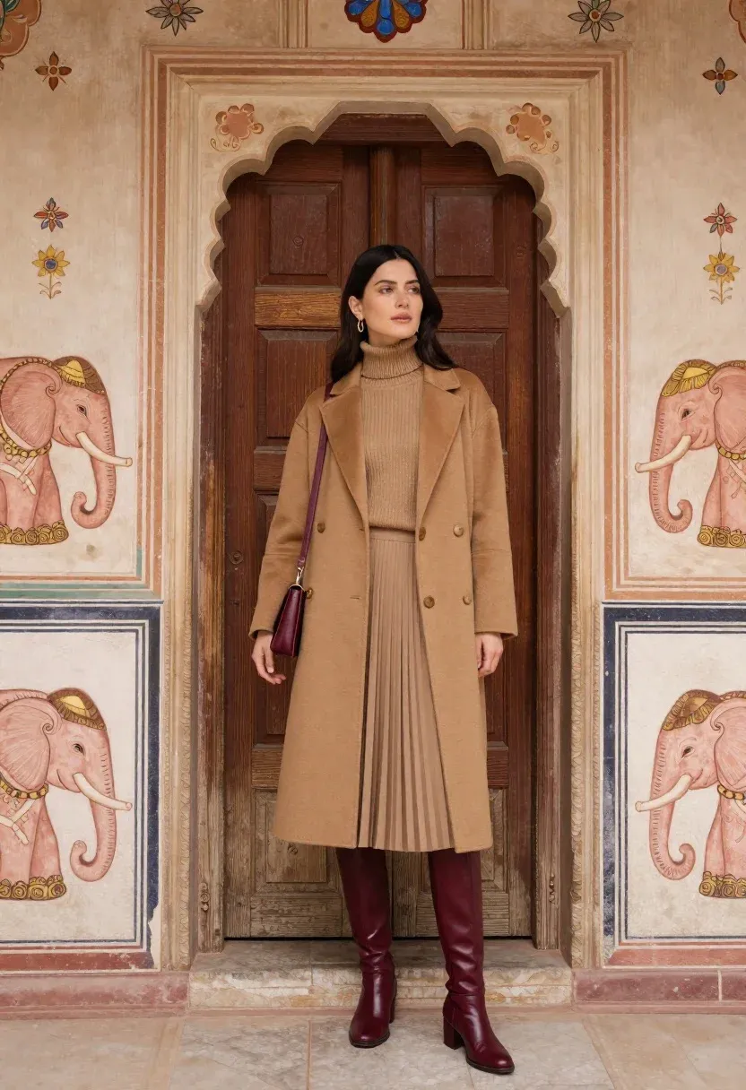 Woman Stands Full-length Pose Leaning Against Ornate Wooden Door Within