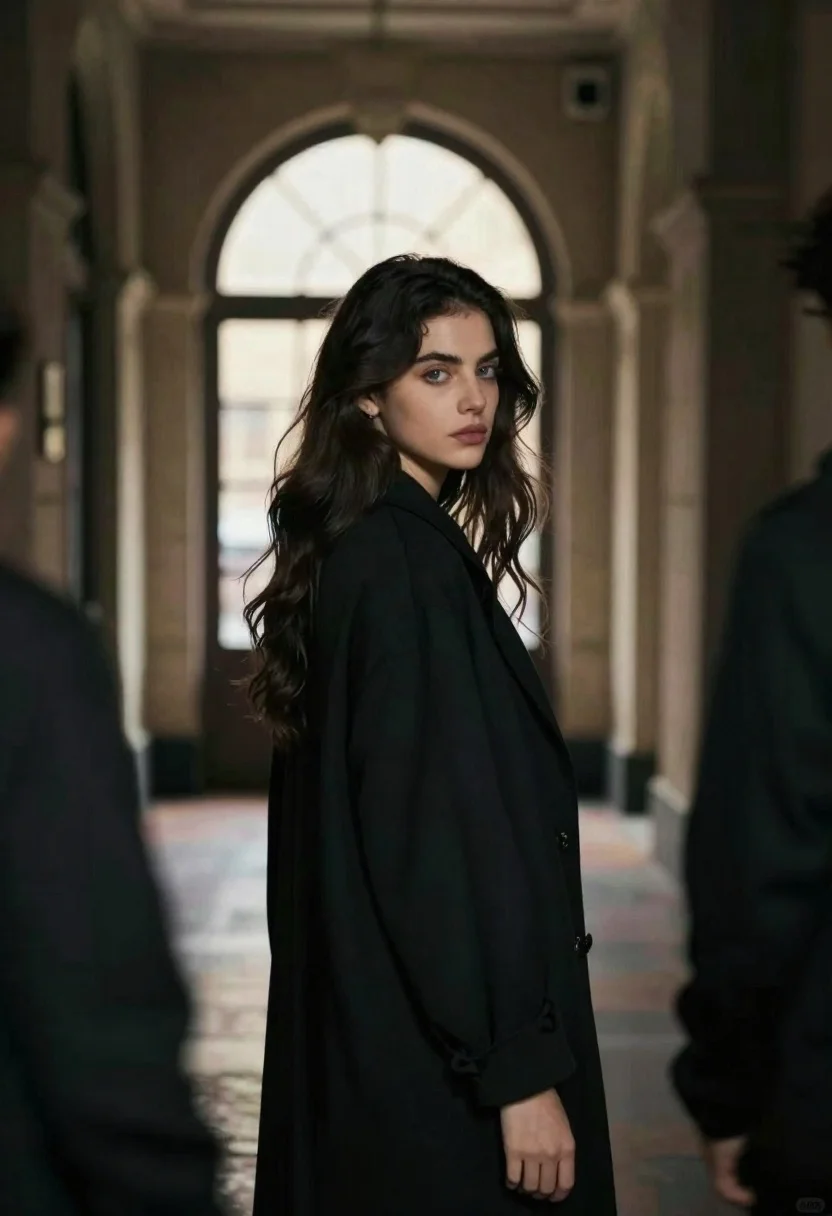 Young Woman With Long Dark Wavy Hair Stands Dimly Lit