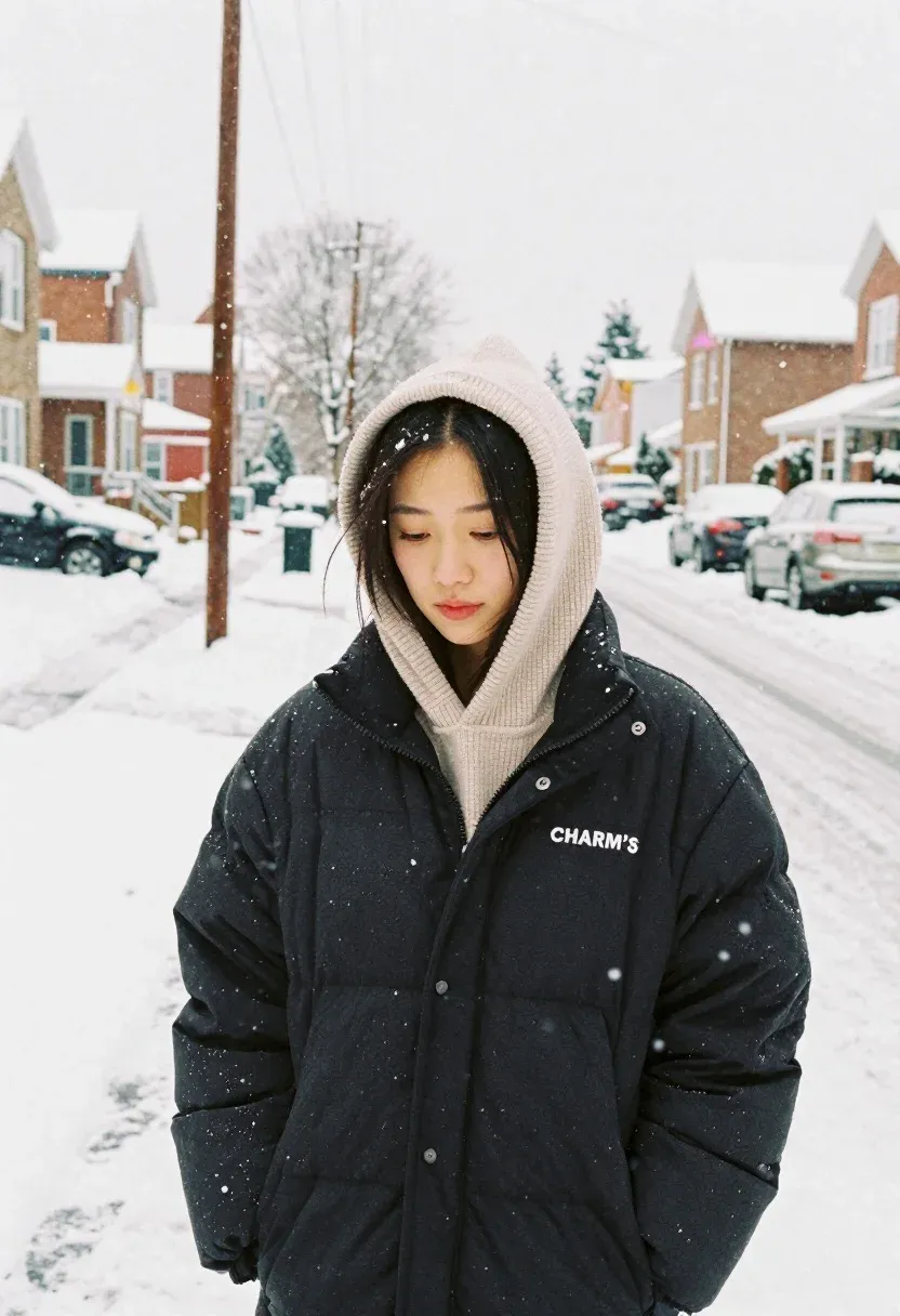 Young Woman Stands The Middle Snow-covered Residential Street During Light