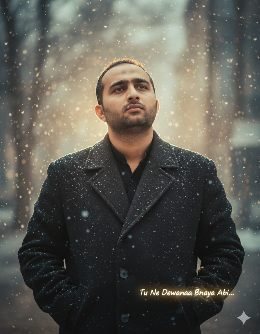 Cinematic portrait of a person in a dark wool coat standing in gently falling snow, illuminated by soft golden light, exuding calm confidence.