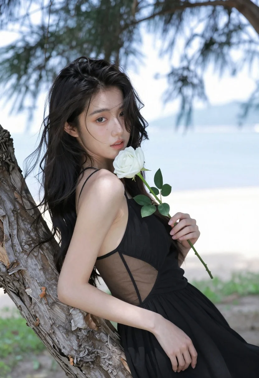 Woman With Long Dark Hair Holds White Rose Near Her reference photo