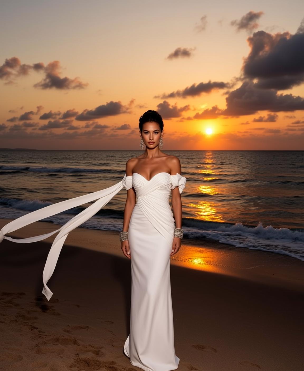 White Draped Fabric White Off Shoulder Beach Sand Ocean