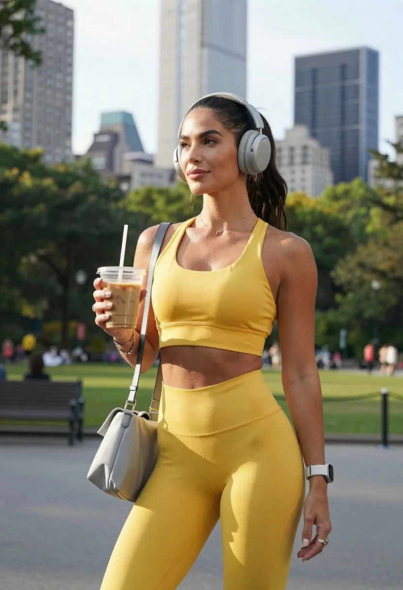 A confident woman in a bright yellow athletic outfit and grey headphones stands in a sunlit city park, holding an iced beverage.