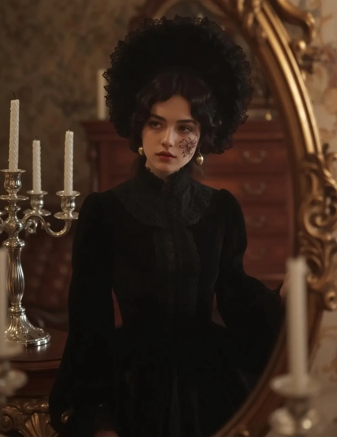 Earrings And Spiderweb Tattoos In A Victorian Portrait