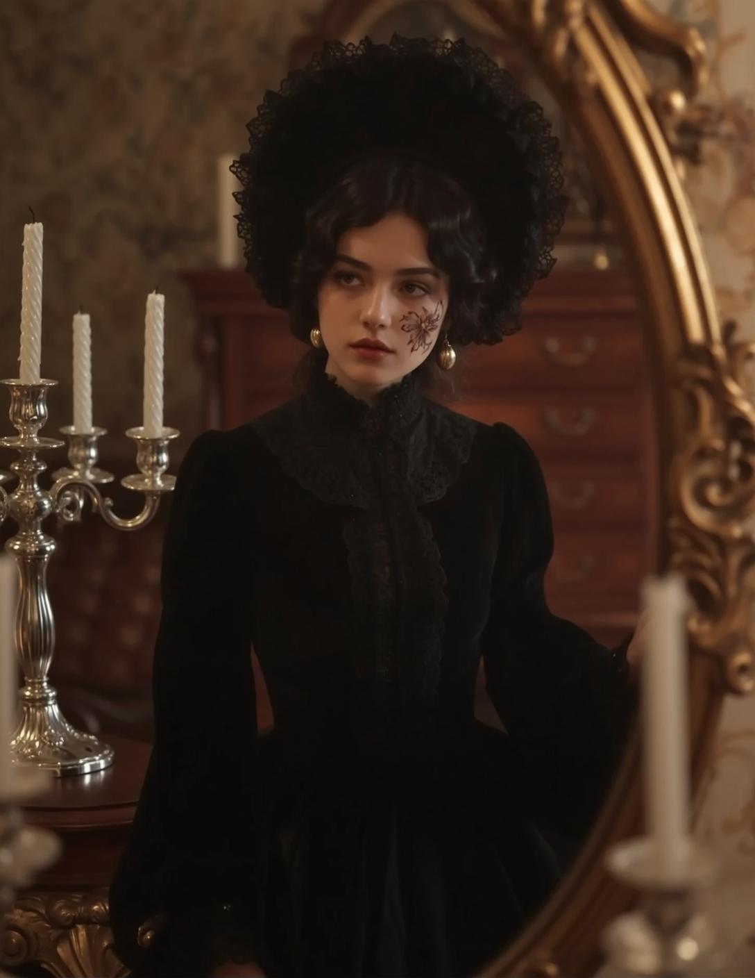Earrings And Spiderweb Tattoos In A Victorian Portrait reference photo