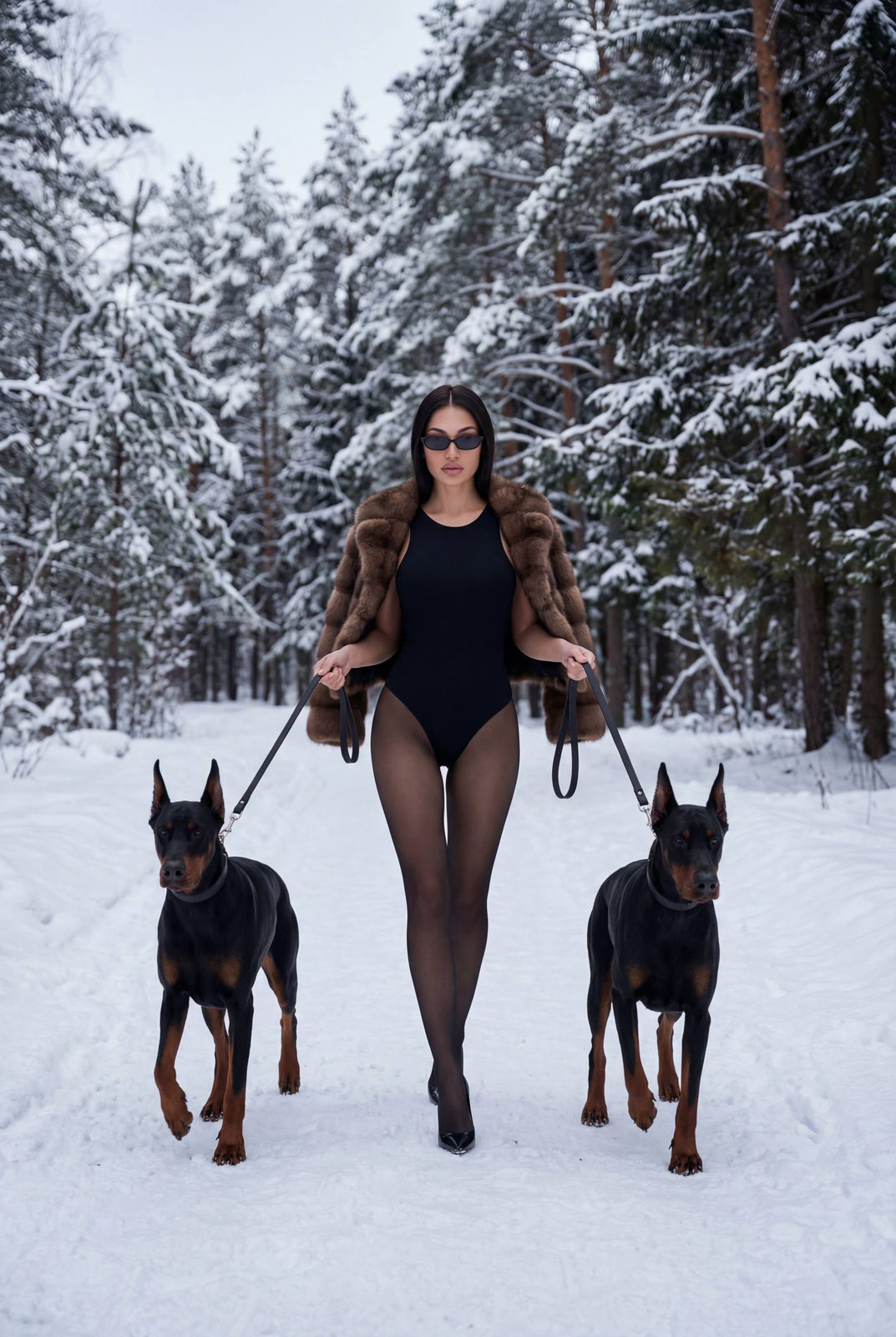 Full-body portrait of a woman walking confidently in a snowy forest, flanked by two Doberman dogs, dressed in a black sleeveless bodysuit.