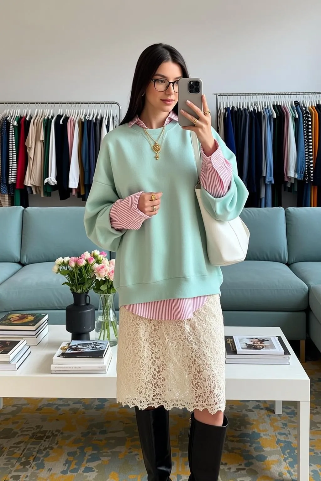 Necklace And Rings In Mirror Selfie