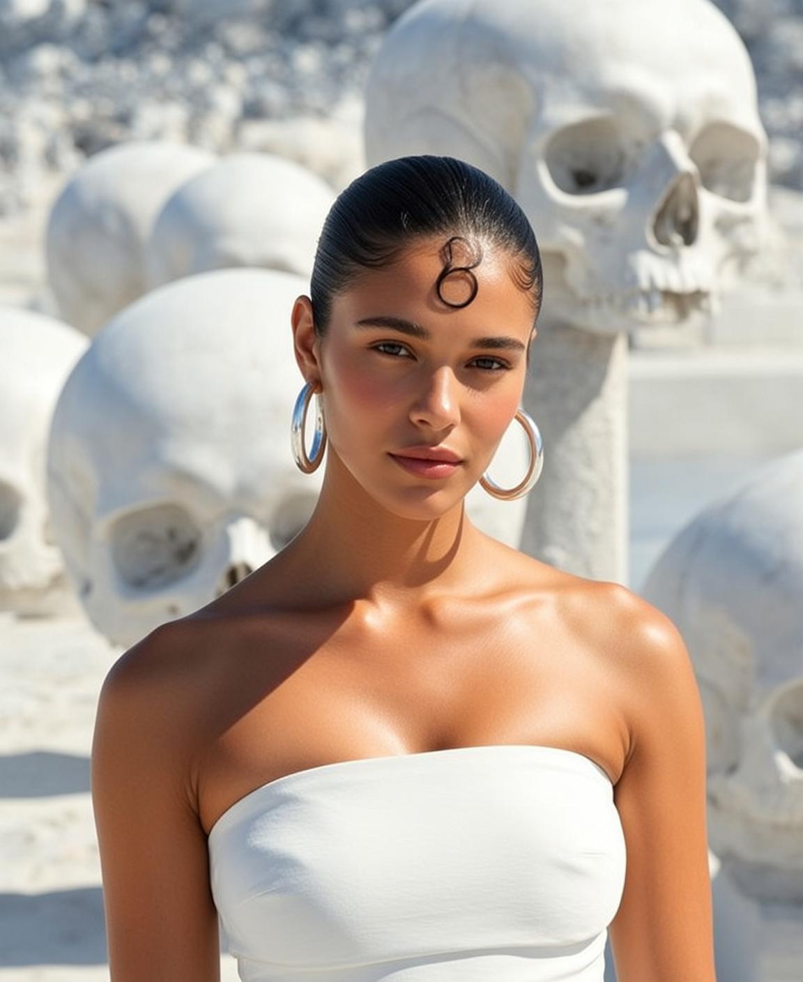Woman Arid Landscape White Skull Sculptures