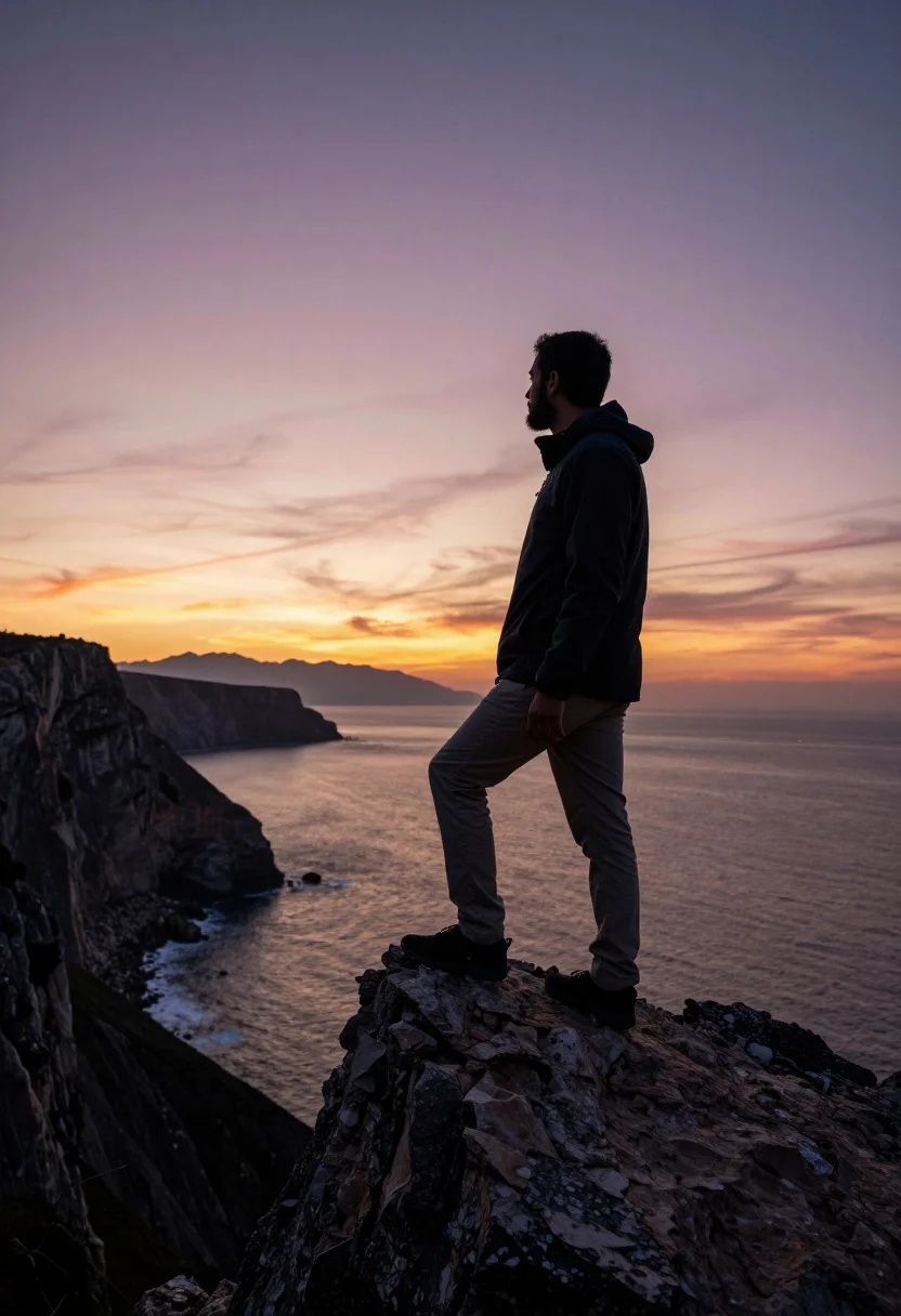 Man Stands Profile Jagged Rocky Outcrop Overlooking Vast Ocean Sunset