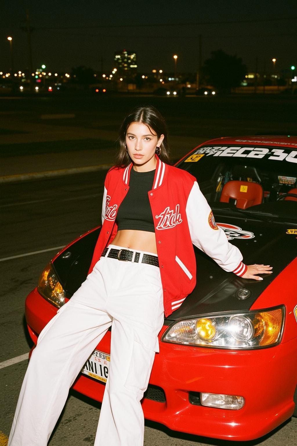 Black Crop Top White Cargo Pants Varsity Jacket