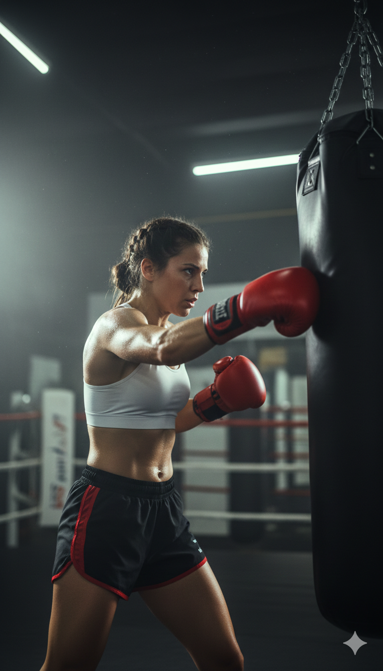 Athletic Woman Boxing Dramatic Gym Lighting reference photo